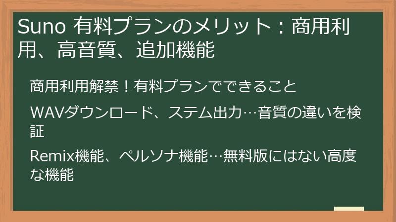 Suno 有料プランのメリット:商用利用、高音質、追加機能