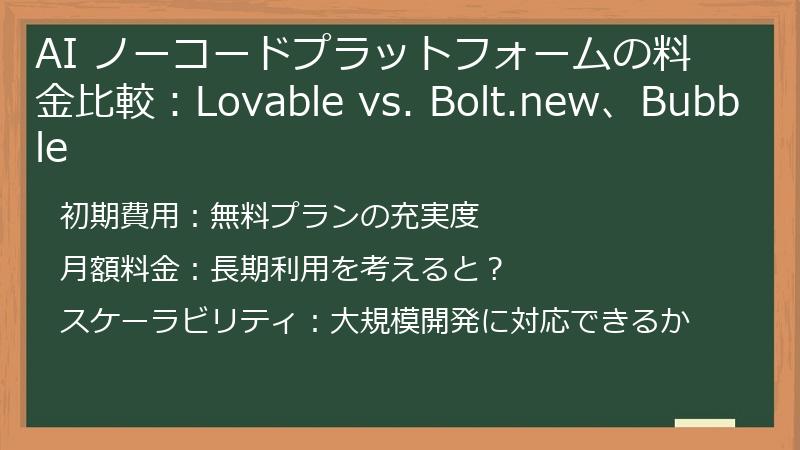 AI ノーコードプラットフォームの料金比較:Lovable vs. Bolt.new、Bubble