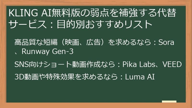 KLING AI無料版の弱点を補強する代替サービス：目的別おすすめリスト