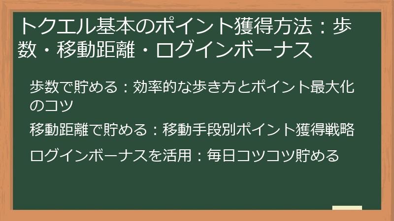 トクエル基本のポイント獲得方法：歩数・移動距離・ログインボーナス