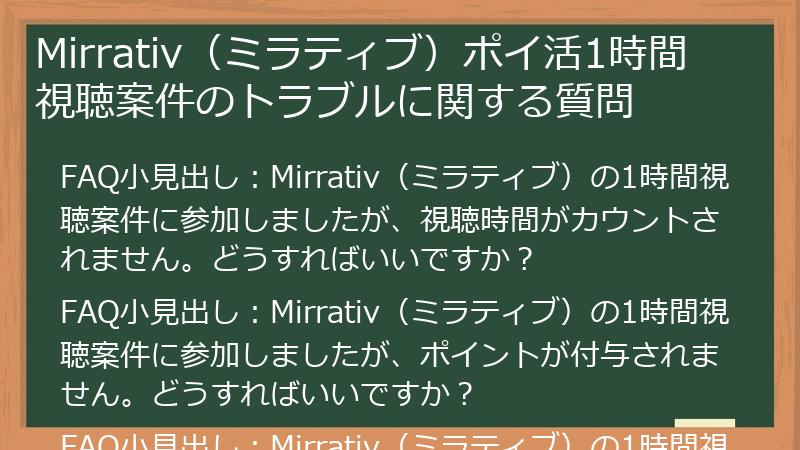 Mirrativ(ミラティブ)ポイ活1時間視聴案件のトラブルに関する質問