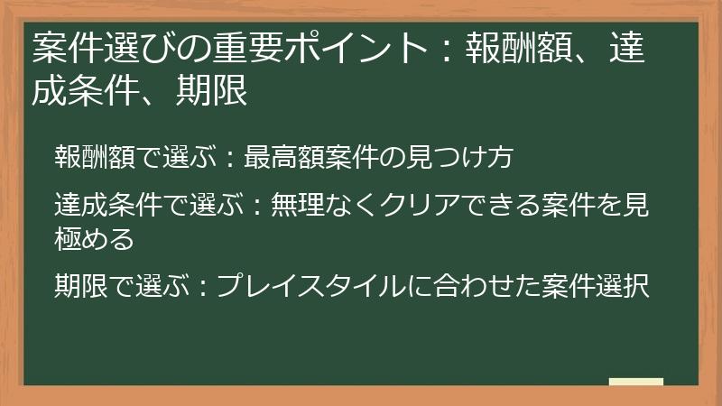案件選びの重要ポイント:報酬額、達成条件、期限