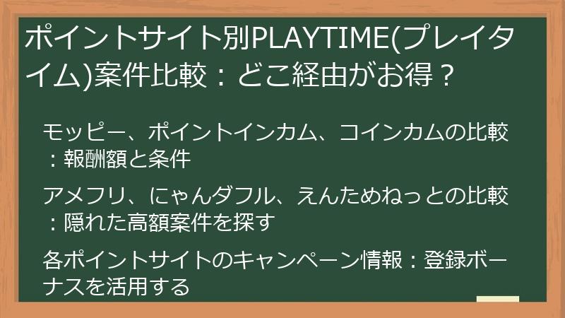 ポイントサイト別PLAYTIME(プレイタイム)案件比較:どこ経由がお得?