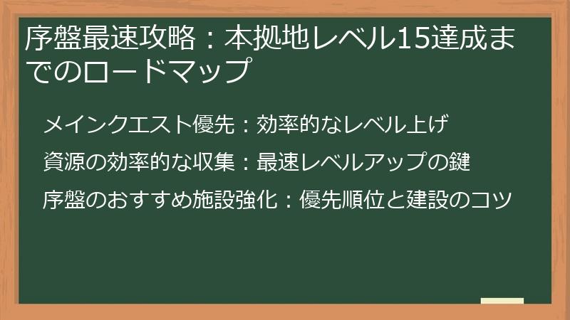 序盤最速攻略:本拠地レベル15達成までのロードマップ