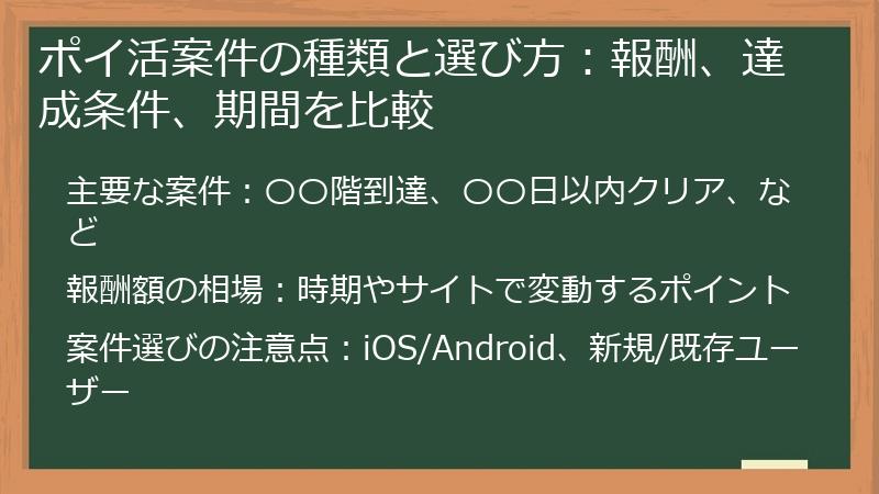 ポイ活案件の種類と選び方：報酬、達成条件、期間を比較