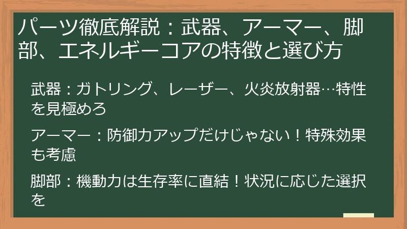 パーツ徹底解説：武器、アーマー、脚部、エネルギーコアの特徴と選び方