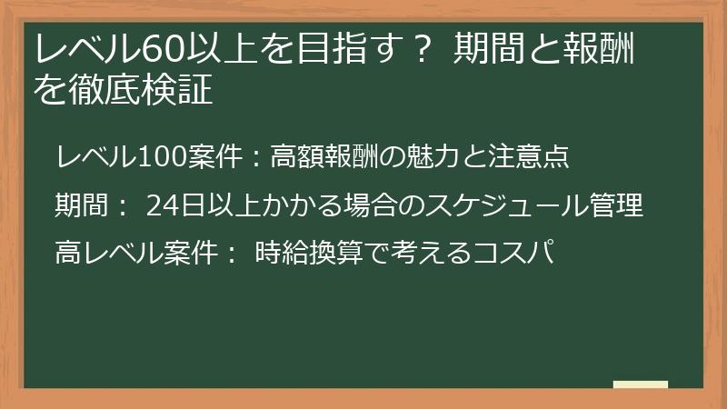 レベル60以上を目指す？ 期間と報酬を徹底検証