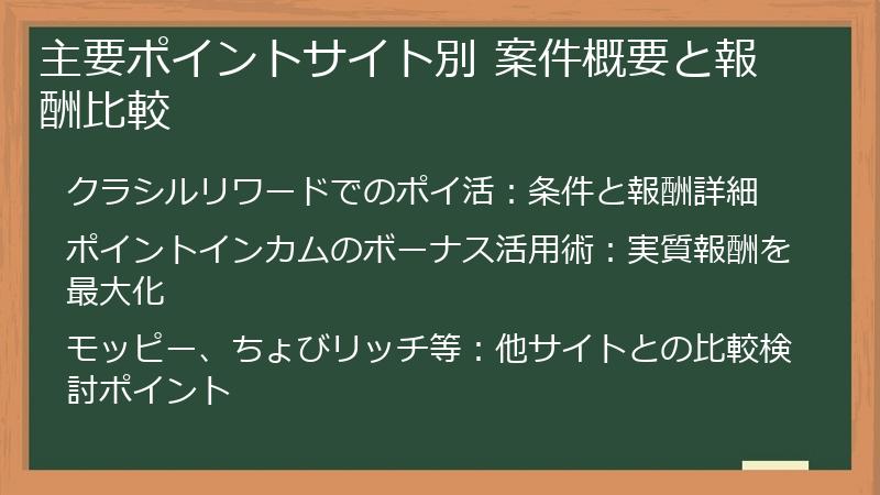 主要ポイントサイト別 案件概要と報酬比較