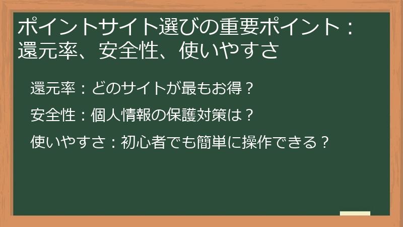ポイントサイト選びの重要ポイント：還元率、安全性、使いやすさ