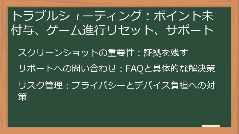 トラブルシューティング：ポイント未付与、ゲーム進行リセット、サポート