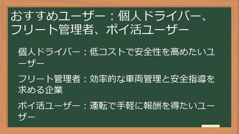 おすすめユーザー：個人ドライバー、フリート管理者、ポイ活ユーザー