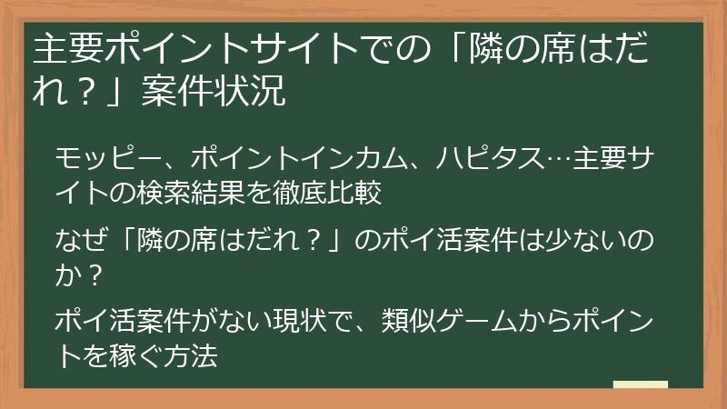主要ポイントサイトでの「隣の席はだれ？」案件状況
