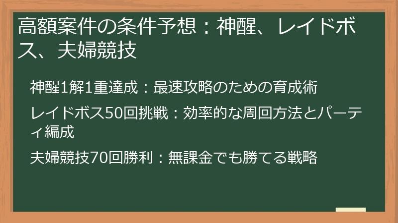 高額案件の条件予想：神醒、レイドボス、夫婦競技