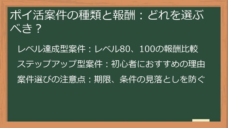 ポイ活案件の種類と報酬:どれを選ぶべき?