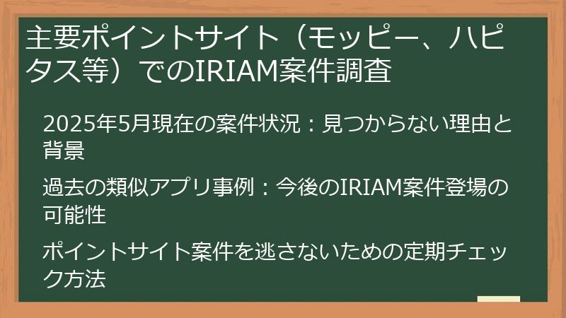 主要ポイントサイト（モッピー、ハピタス等）でのIRIAM案件調査