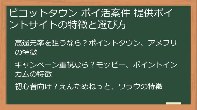 ピコットタウン ポイ活案件 提供ポイントサイトの特徴と選び方