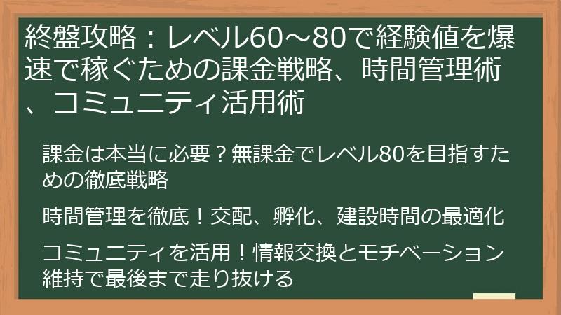 終盤攻略：レベル60～80で経験値を爆速で稼ぐための課金戦略、時間管理術、コミュニティ活用術