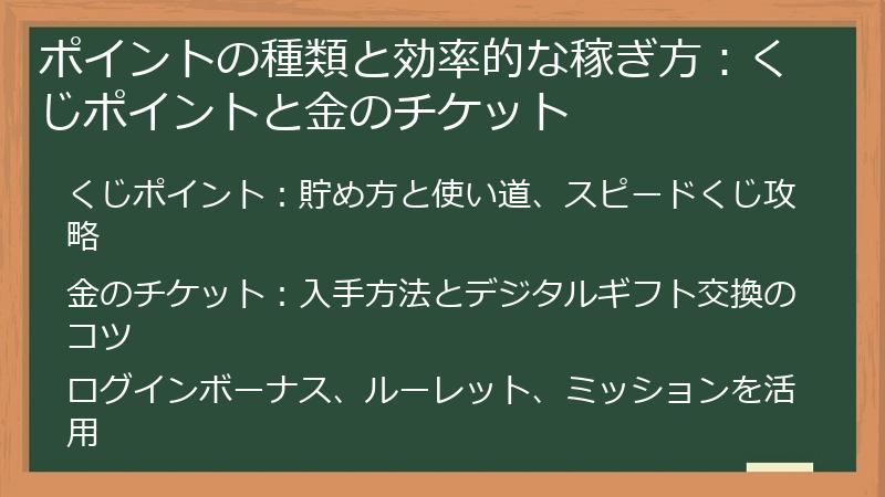 ポイントの種類と効率的な稼ぎ方：くじポイントと金のチケット