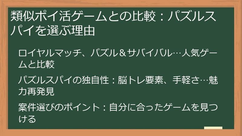 類似ポイ活ゲームとの比較：パズルスパイを選ぶ理由