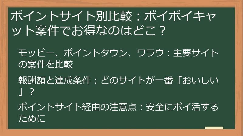 ポイントサイト別比較：ポイポイキャット案件でお得なのはどこ？