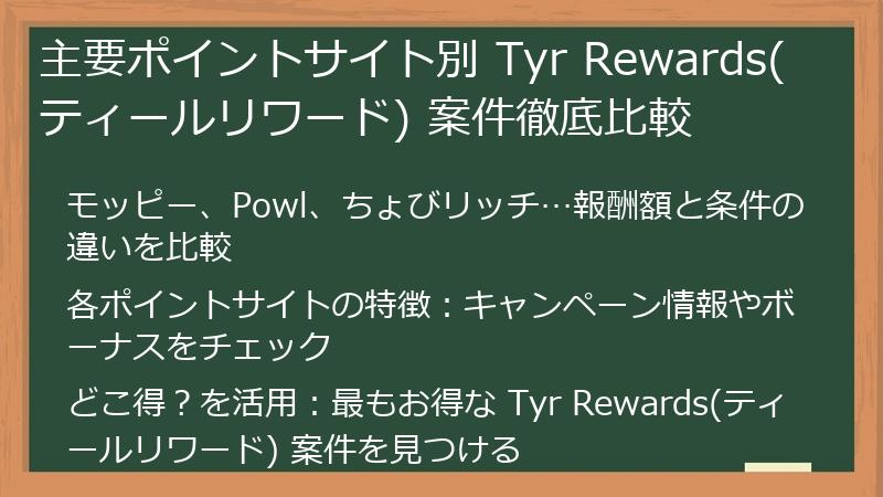 主要ポイントサイト別 Tyr Rewards(ティールリワード) 案件徹底比較