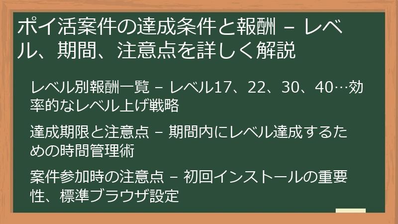 ポイ活案件の達成条件と報酬 – レベル、期間、注意点を詳しく解説