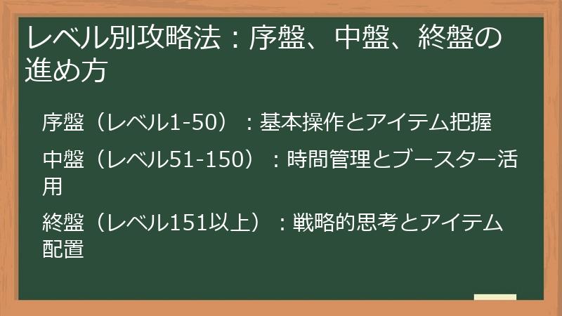レベル別攻略法：序盤、中盤、終盤の進め方