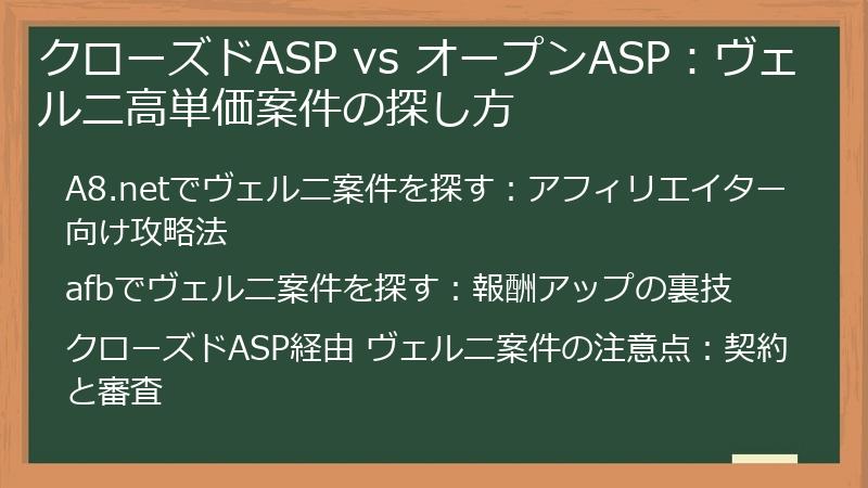 クローズドASP vs オープンASP：ヴェルニ高単価案件の探し方