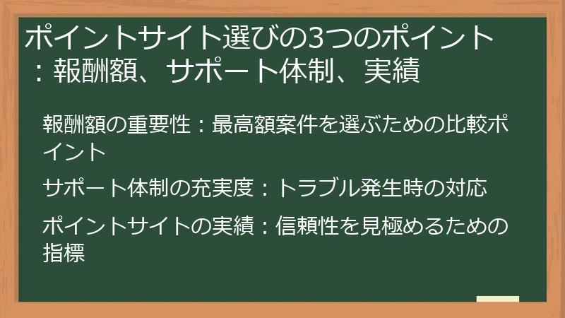 ポイントサイト選びの3つのポイント：報酬額、サポート体制、実績