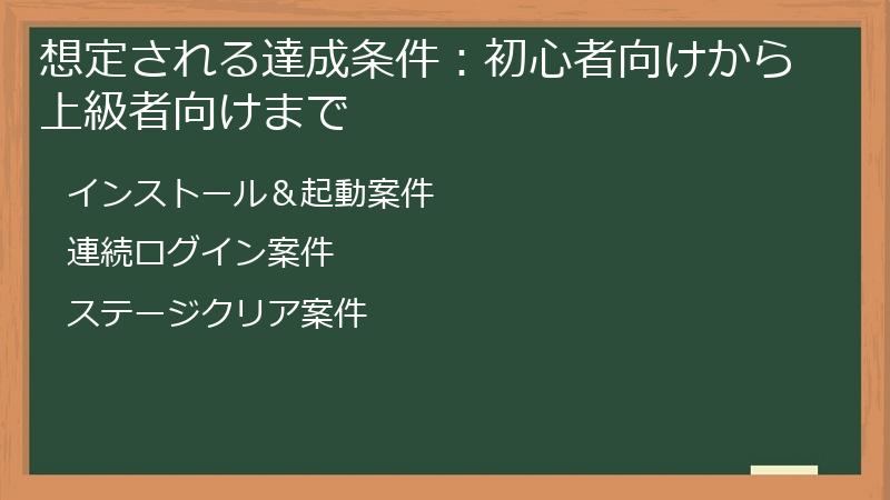 想定される達成条件：初心者向けから上級者向けまで