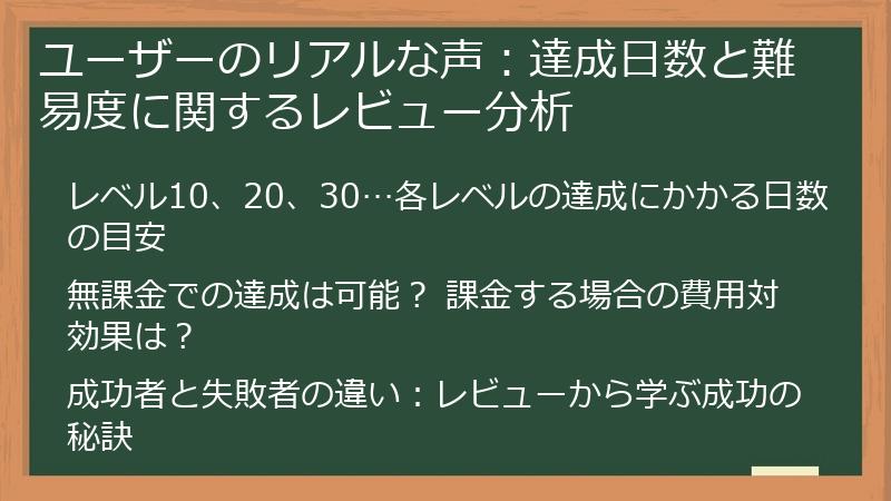 ユーザーのリアルな声：達成日数と難易度に関するレビュー分析