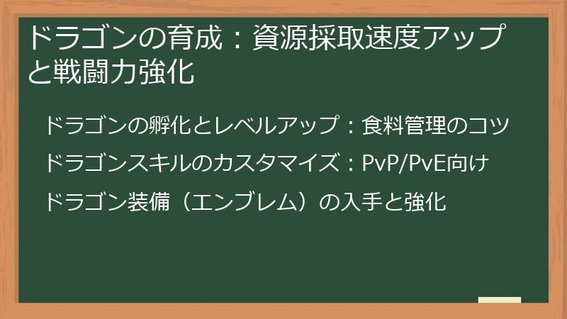 ドラゴンの育成：資源採取速度アップと戦闘力強化