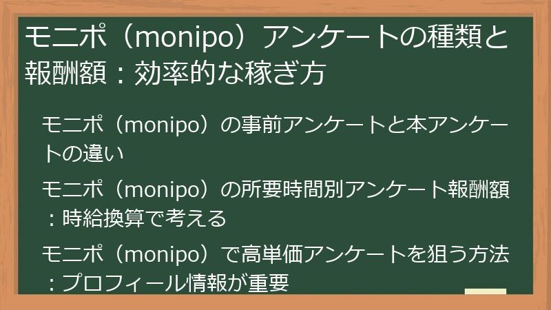 モニポ(monipo)アンケートの種類と報酬額:効率的な稼ぎ方