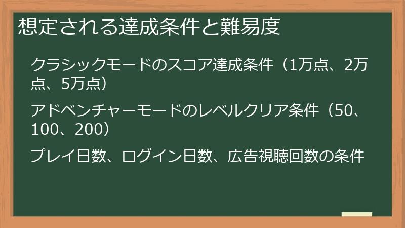 想定される達成条件と難易度