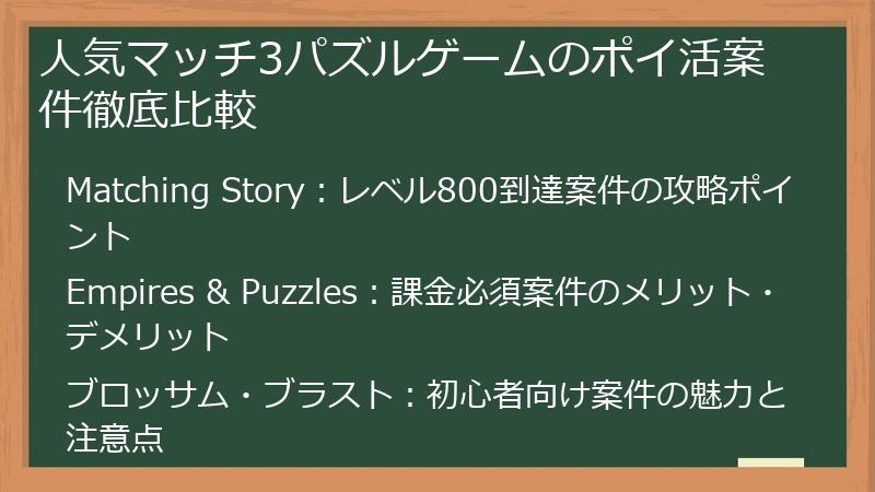 人気マッチ3パズルゲームのポイ活案件徹底比較