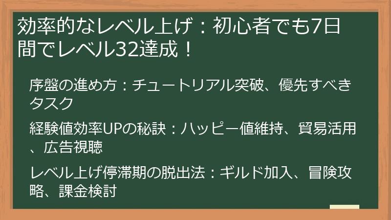効率的なレベル上げ：初心者でも7日間でレベル32達成！