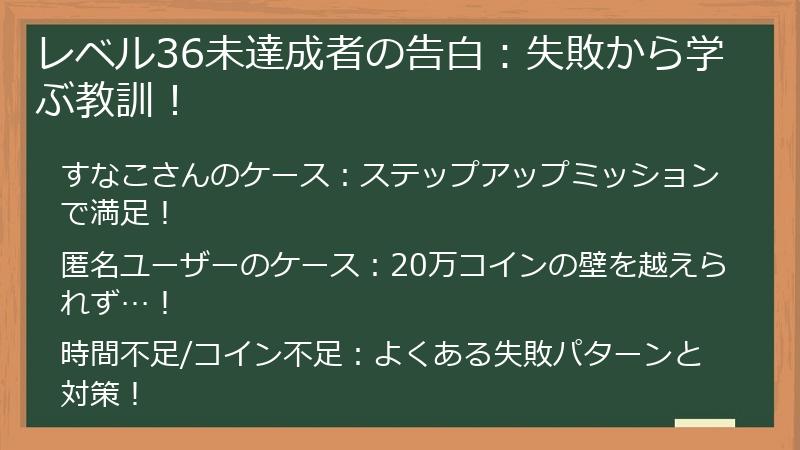 レベル36未達成者の告白：失敗から学ぶ教訓！