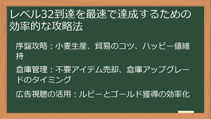 レベル32到達を最速で達成するための効率的な攻略法