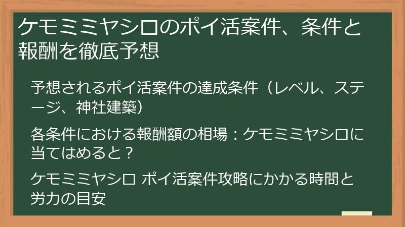 ケモミミヤシロのポイ活案件、条件と報酬を徹底予想