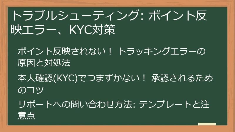 トラブルシューティング: ポイント反映エラー、KYC対策