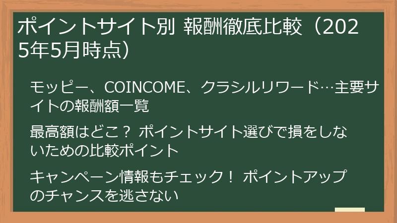 ポイントサイト別 報酬徹底比較（2025年5月時点）