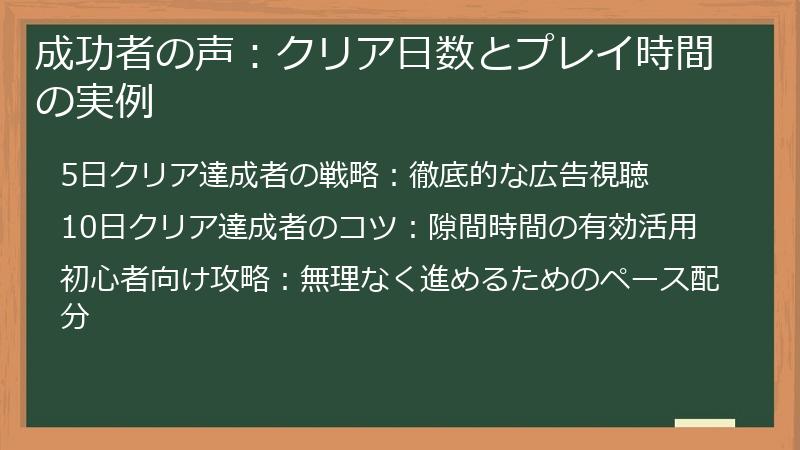 成功者の声：クリア日数とプレイ時間の実例