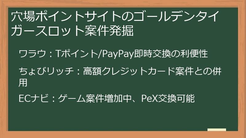 穴場ポイントサイトのゴールデンタイガースロット案件発掘
