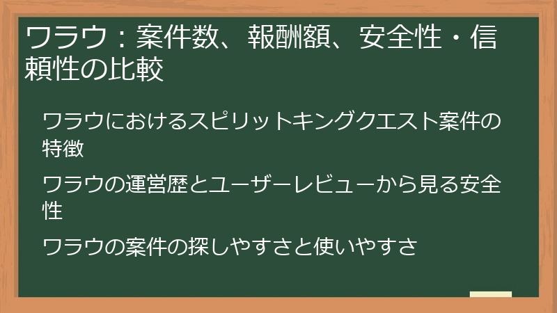 ワラウ：案件数、報酬額、安全性・信頼性の比較