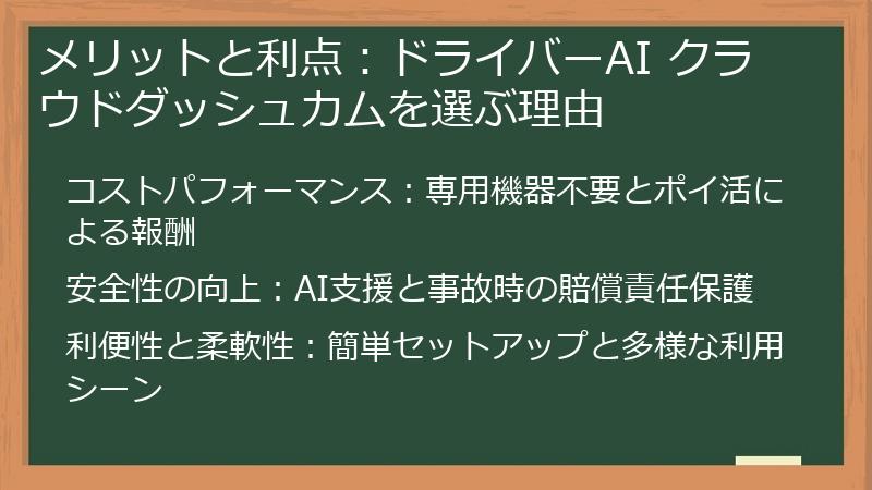 メリットと利点：ドライバーAI クラウドダッシュカムを選ぶ理由