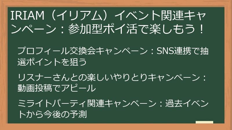 IRIAM（イリアム）イベント関連キャンペーン：参加型ポイ活で楽しもう！
