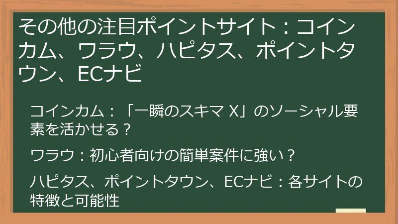 その他の注目ポイントサイト:コインカム、ワラウ、ハピタス、ポイントタウン、ECナビ