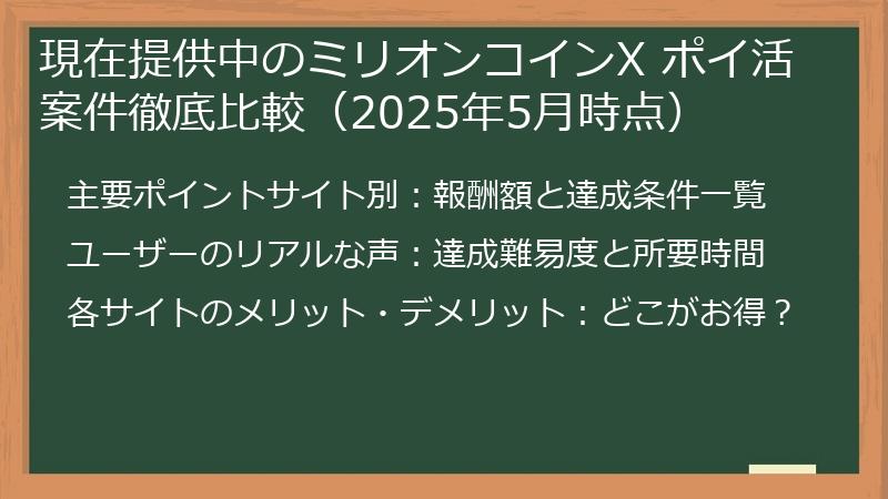 現在提供中のミリオンコインX ポイ活案件徹底比較(2025年5月時点)