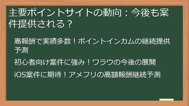 主要ポイントサイトの動向:今後も案件提供される?
