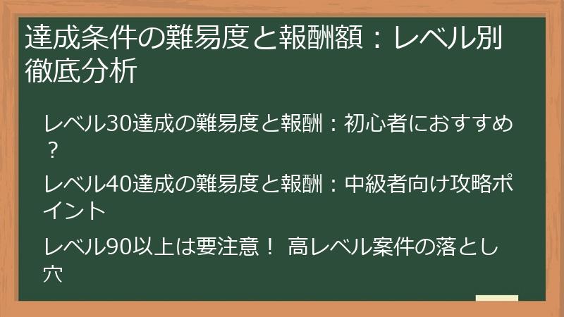 達成条件の難易度と報酬額：レベル別徹底分析